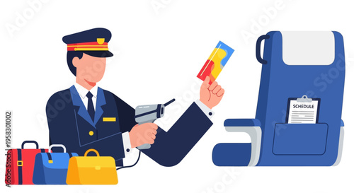 Airport security officer checking passport and boarding pass near airplane seat and luggage.