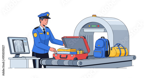 Airport security officer inspecting luggage at scanner.