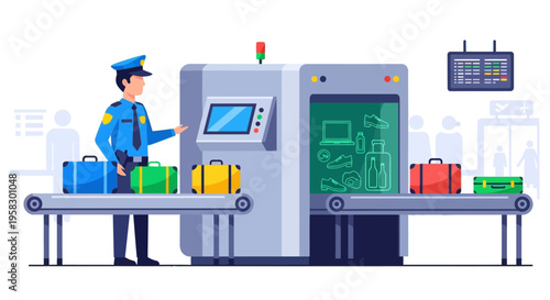 Airport Security Officer Inspecting Luggage at X-ray Scanner.