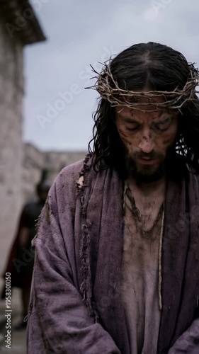 Vertical video of weary Jesus wearing a crown of thorns and a faded purple cloak standing bound.