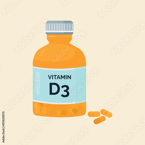 Vitamin D3 Bottle with Capsules Flat Vector Illustration