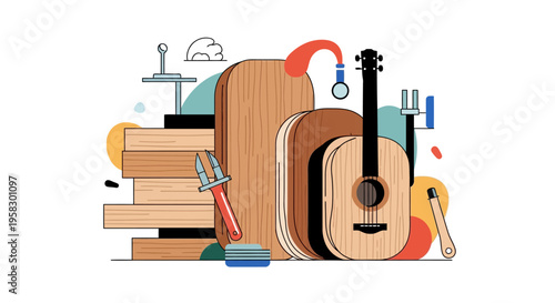 Acoustic Guitar Making Process Woodworking Tools and Materials.