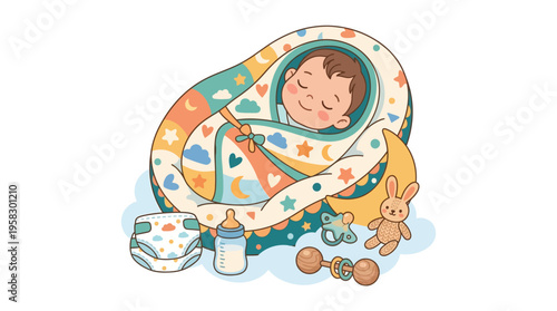 Adorable baby sleeping peacefully in a cozy nest surrounded by baby items.
