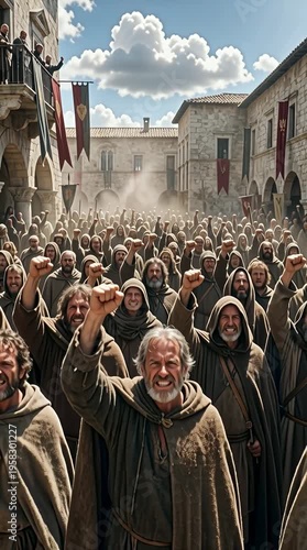 Vertical video of a dense angry crowd of cloaked people raising fists and shouting towards an off camera balcony.