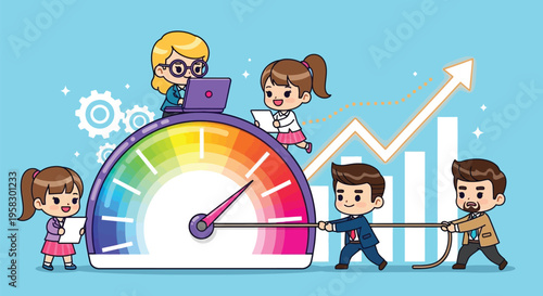 Cartoon illustration of diverse business team working together to pull a large speedometer with a rising graph and gear icons against a light blue background.