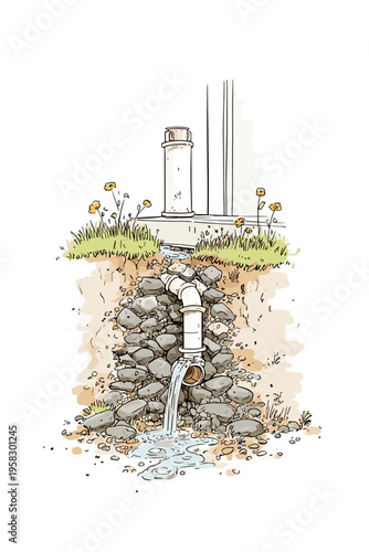 Cutaway Backyard Gravel Drainage System Illustration