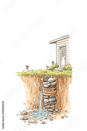 Cutaway Backyard Gravel Drainage System Illustration