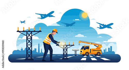 Airport worker installing runway lights with crane truck.
