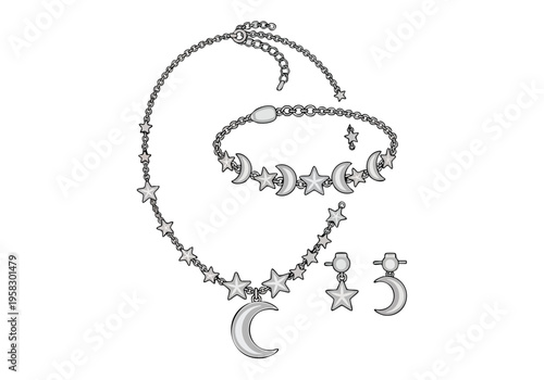 Elegant celestial jewelry set featuring a necklace, bracelet, and earrings adorned with stars and crescent moons, perfect for any occasion