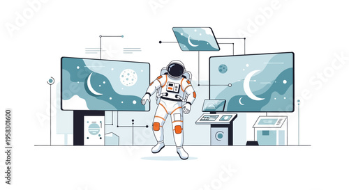 Astronaut in futuristic control room with large screens.
