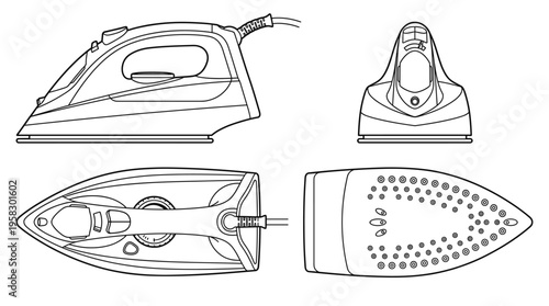 Clothes Iron Coloring Page Vector, Home Appliance Line Art Illustration with Front Side and Rear Views