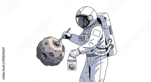 Astronaut painting a small moon with a brush and paint.