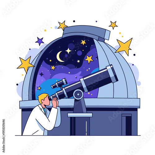 Astronomer Observing Night Sky Through Telescope in Observatory.