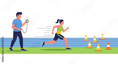 Athlete training with coach timing sprint race.