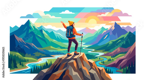 Adventurous hiker standing on mountain peak celebrating success.