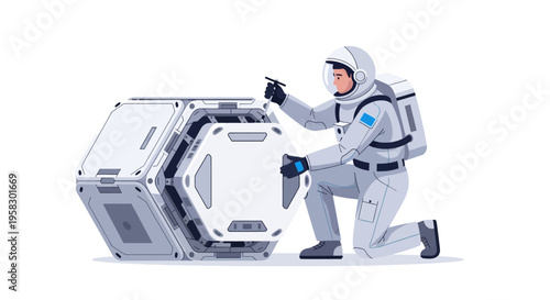 Astronaut working on futuristic modular space station component.