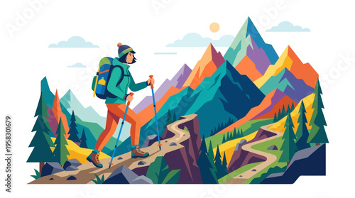 Adventurous hiker with backpack and trekking poles.