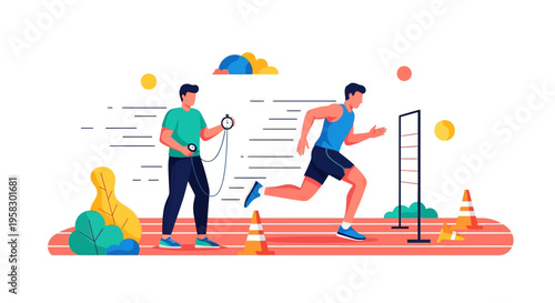 Athletic training session with stopwatch and runner.