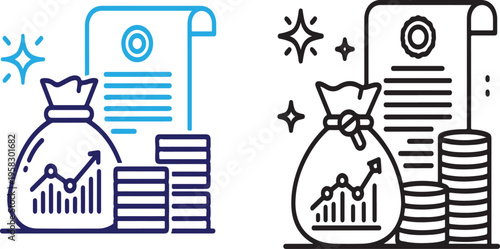 Financial growth and investment concept with money bag coins and document