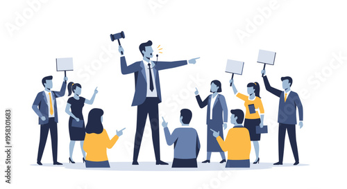 Auctioneer leading a lively auction with bidders raising hands.