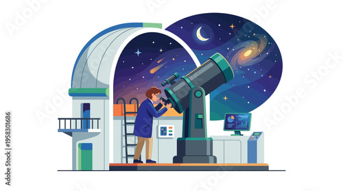 Astronomer observing stars through a large telescope in an observatory.