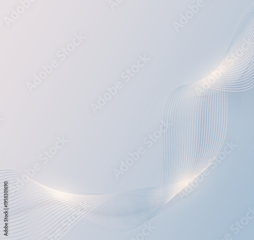 淡いブルーのグラデーションに光り輝くメッシュの波が舞う抽象背景 未来的なテクノロジーと清潔感のデザイン