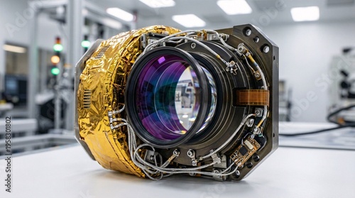 Detailed macro of a satellite optical lens assembly coated in iridescent purples and surrounded by gold multi-layer insulation casings.
