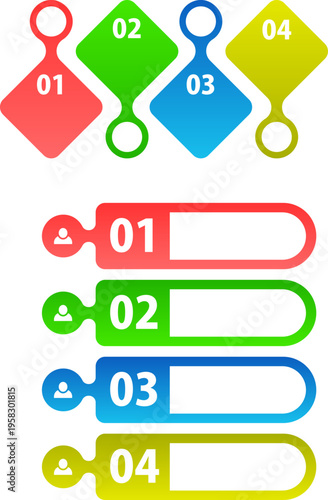 人物アイコン入りのカラフルなリストバナーとひし形インデックス見出し。ユーザー属性やタスク管理、ステップ紹介用のベクター素材。