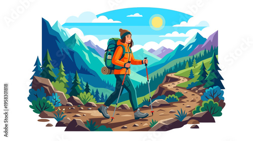 Adventurous hiker with backpack and trekking poles.