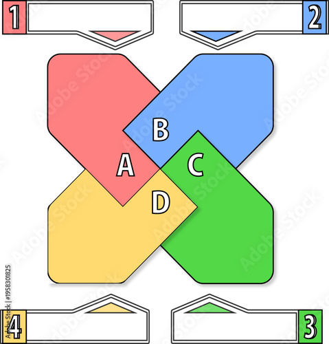 4つのカラーが中央で重なるクロスリボン図解と吹き出しフレームのセット。相関図や共通項、チームワークを表現するビジネスイラスト素材。