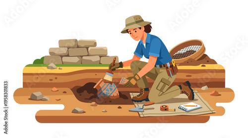 Archaeologist carefully excavating ancient artifact with brush.