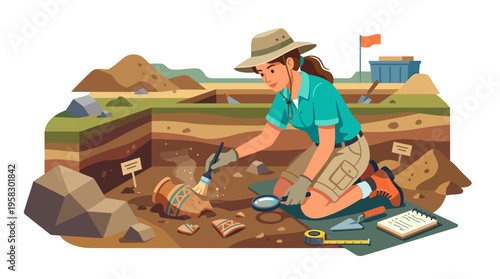 Archaeologist carefully excavating ancient artifacts at dig site.