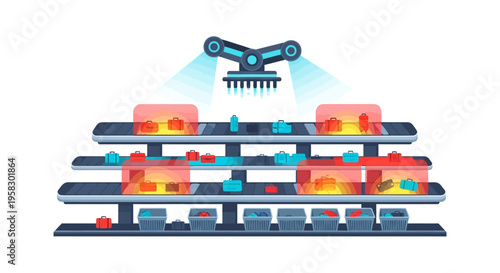 Automated Manufacturing Process with Robotic Arm and Conveyor Belts.