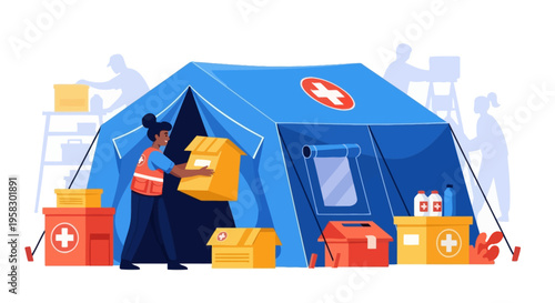 Aid worker delivering supplies at a medical tent.