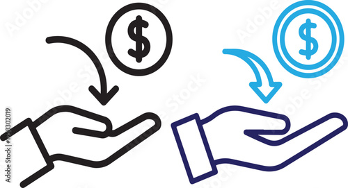 Hand receiving a dollar coin symbolizing income payment or financial gain in a simple line drawing style