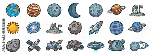 space planet icon set with solar system objects including earth, moon, saturn, rocket, astronaut, satellite and rover vector illustration collection on transparent background