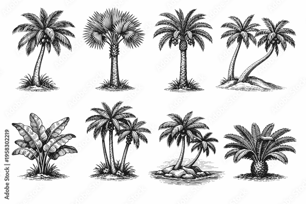 Fototapeta premium Vintage engraved palm tree collection in black and white tropical botanical illustration style