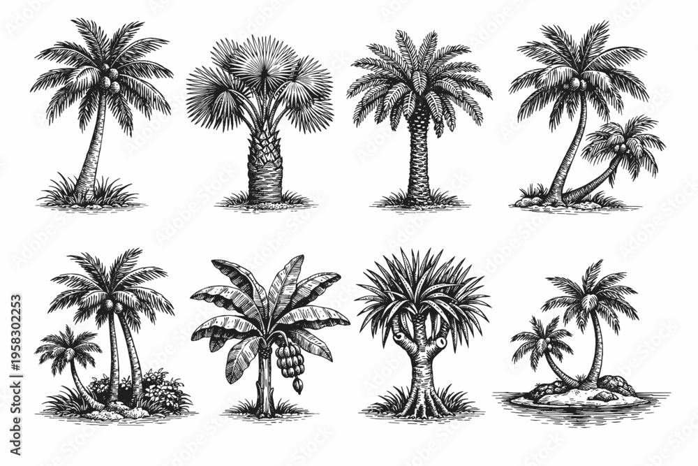 Naklejka premium Vintage engraved palm tree collection in black and white tropical botanical illustration style