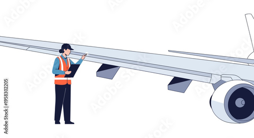 Aircraft maintenance engineer inspecting airplane wing and engine.