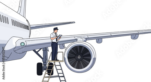 Aircraft Mechanic Inspecting Jet Engine on Airplane Wing.