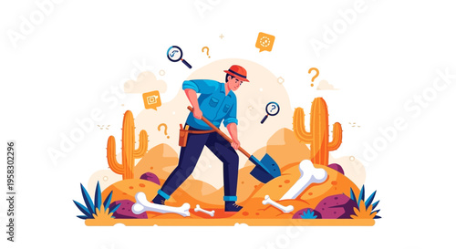 Archaeologist digging for ancient bones in desert landscape.