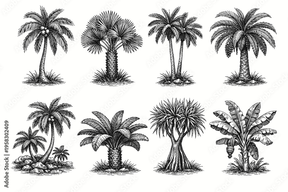 Fototapeta premium Vintage engraved palm tree collection in black and white tropical botanical illustration style