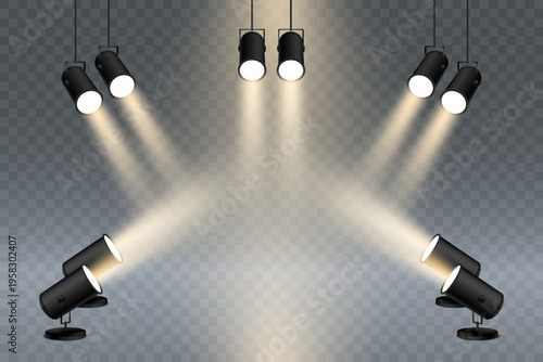 Spotlights creating light beams for stage presentation