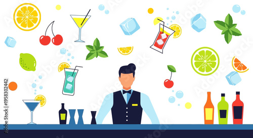 Bartender Serving Drinks at a Bar Counter.