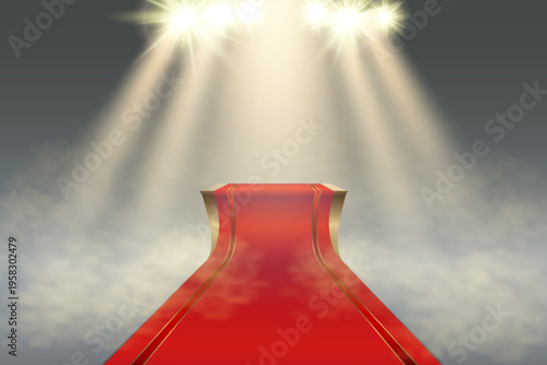 Red carpet extending to stage under shining spotlights