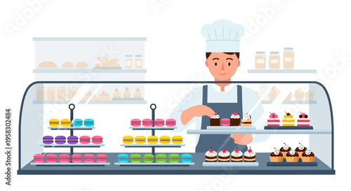 Baker arranging delicious pastries in a display case.