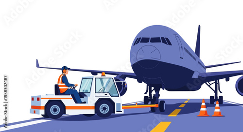 Airplane being towed by a tug vehicle on tarmac.
