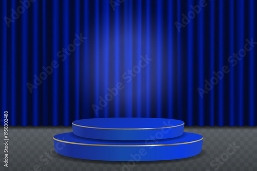 Blue two tier podium displaying product on stage