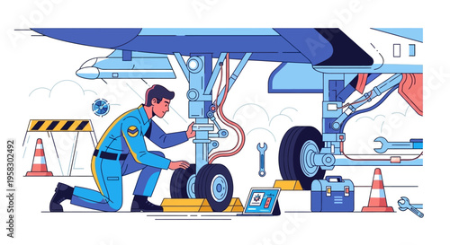 Aircraft mechanic performing detailed inspection on landing gear system.