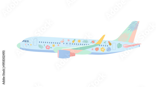 Airplane decorated with colorful cartoon characters and patterns.